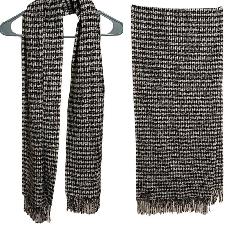 Cashmink- Unisex Black and White Houndstooth Scarf with Fringe Detail, OS
